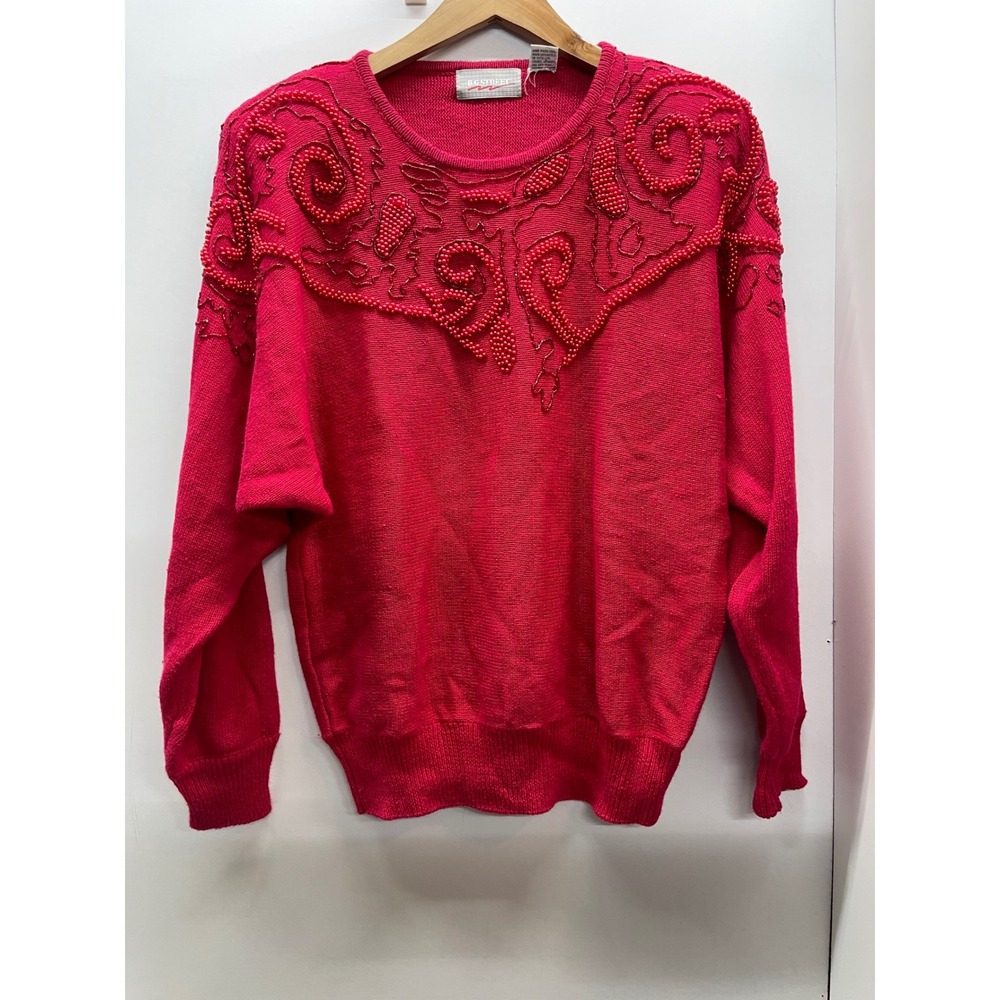 Vintage B.G. Street Red Beaded Embroidered Sweater Ramie Cotton Large